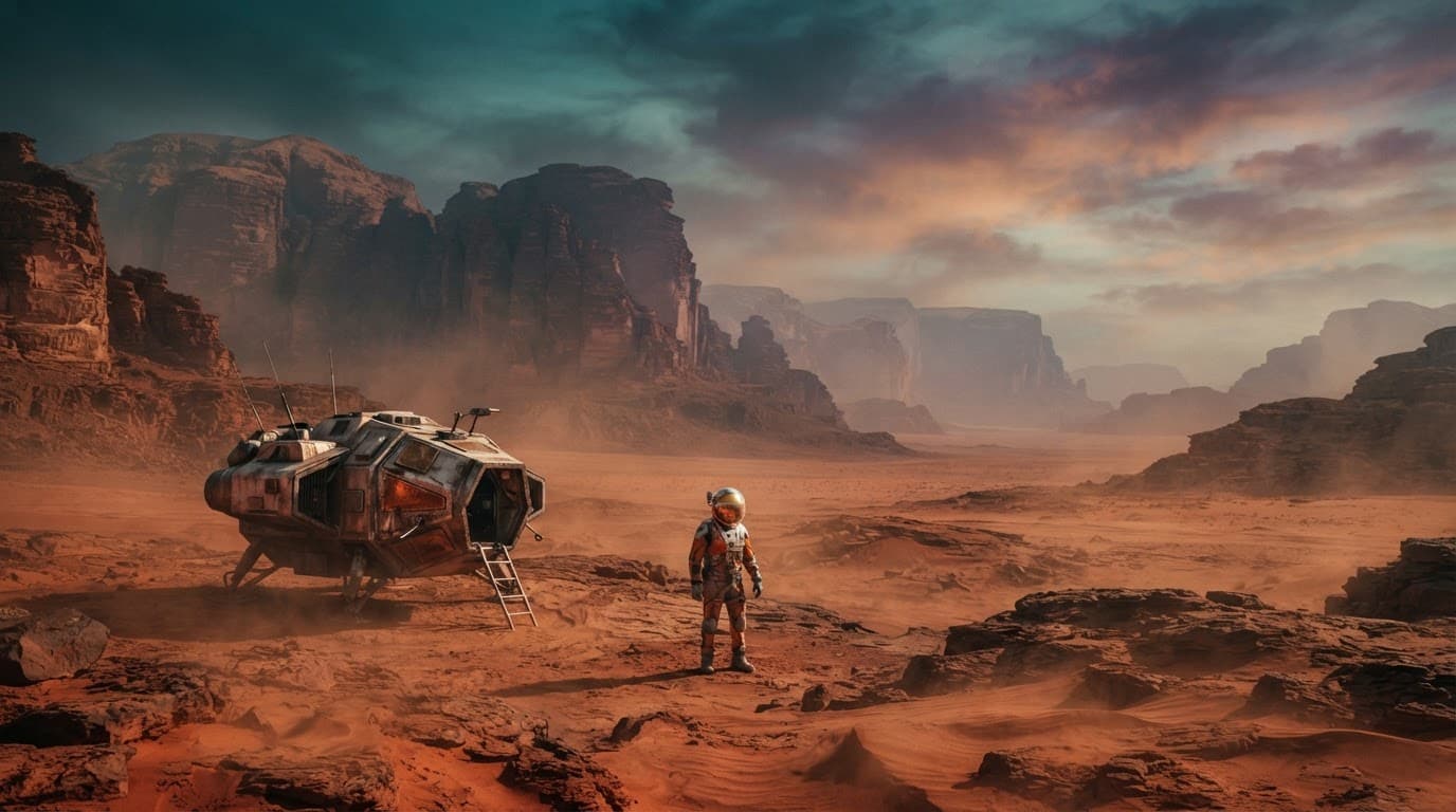 Un astronauta accanto a una piccola navicella in un deserto rosso.