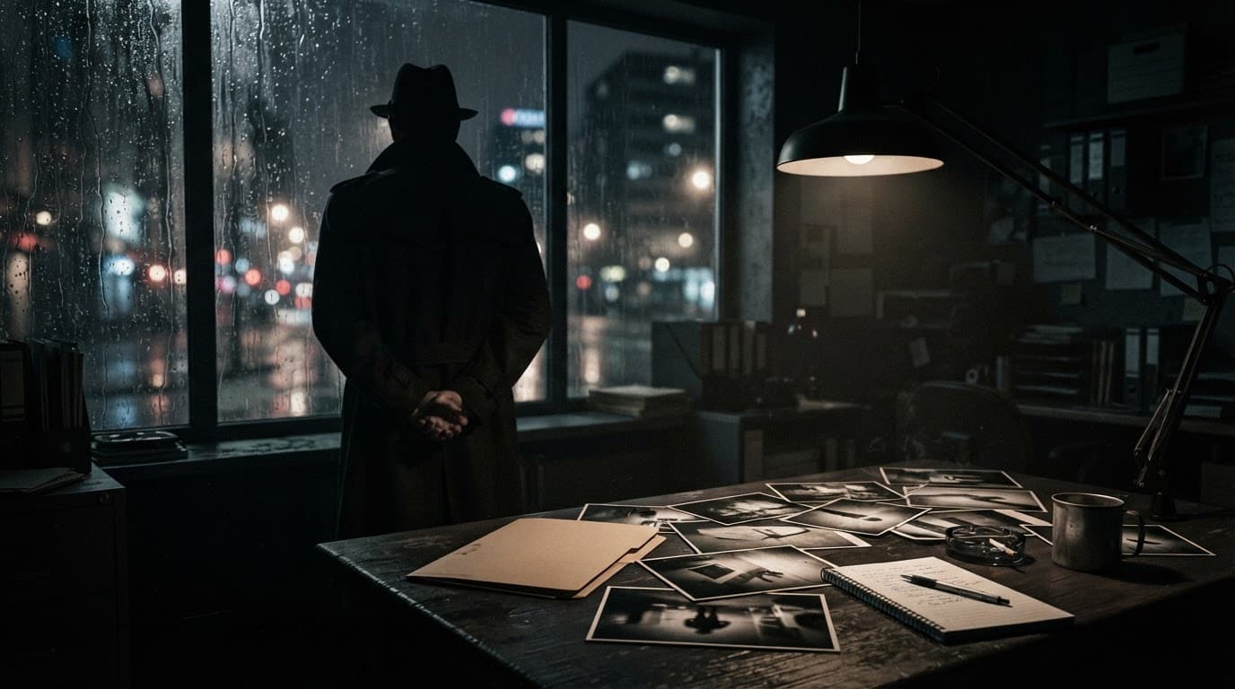 Detective di spalle accanto a una finestra piovosa, con foto sparse sulla scrivania.