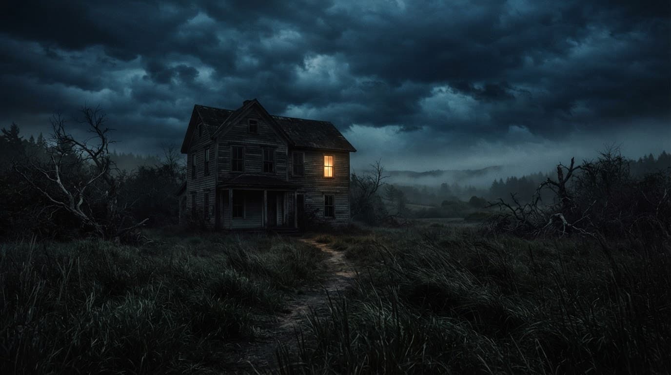 Casa isolata con una finestra illuminata tra erba alta e nebbia notturna.