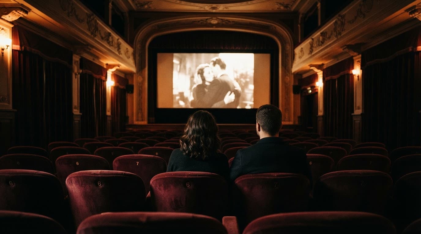 Una coppia seduta separatamente guarda uno schermo luminoso in un cinema elegante.