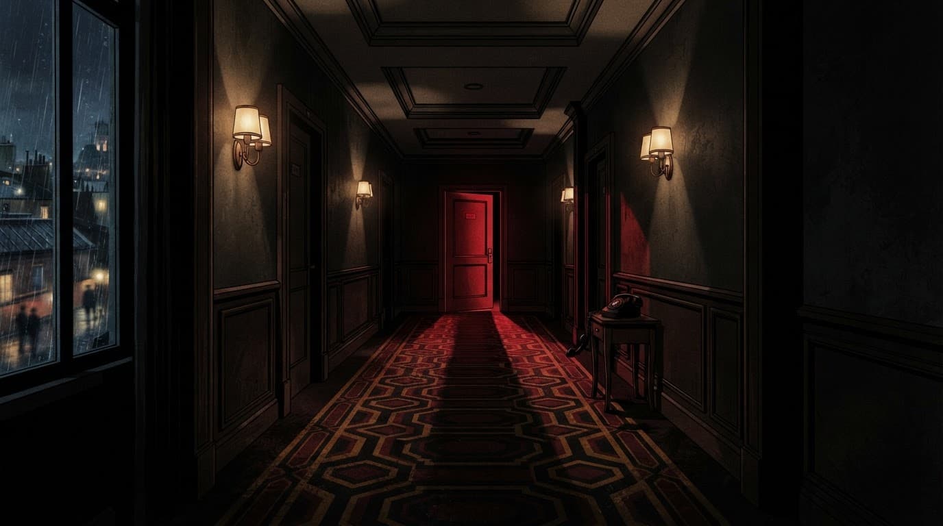 Corridoio d'albergo vuoto con porta socchiusa, telefono sganciato e lunga ombra rossa.