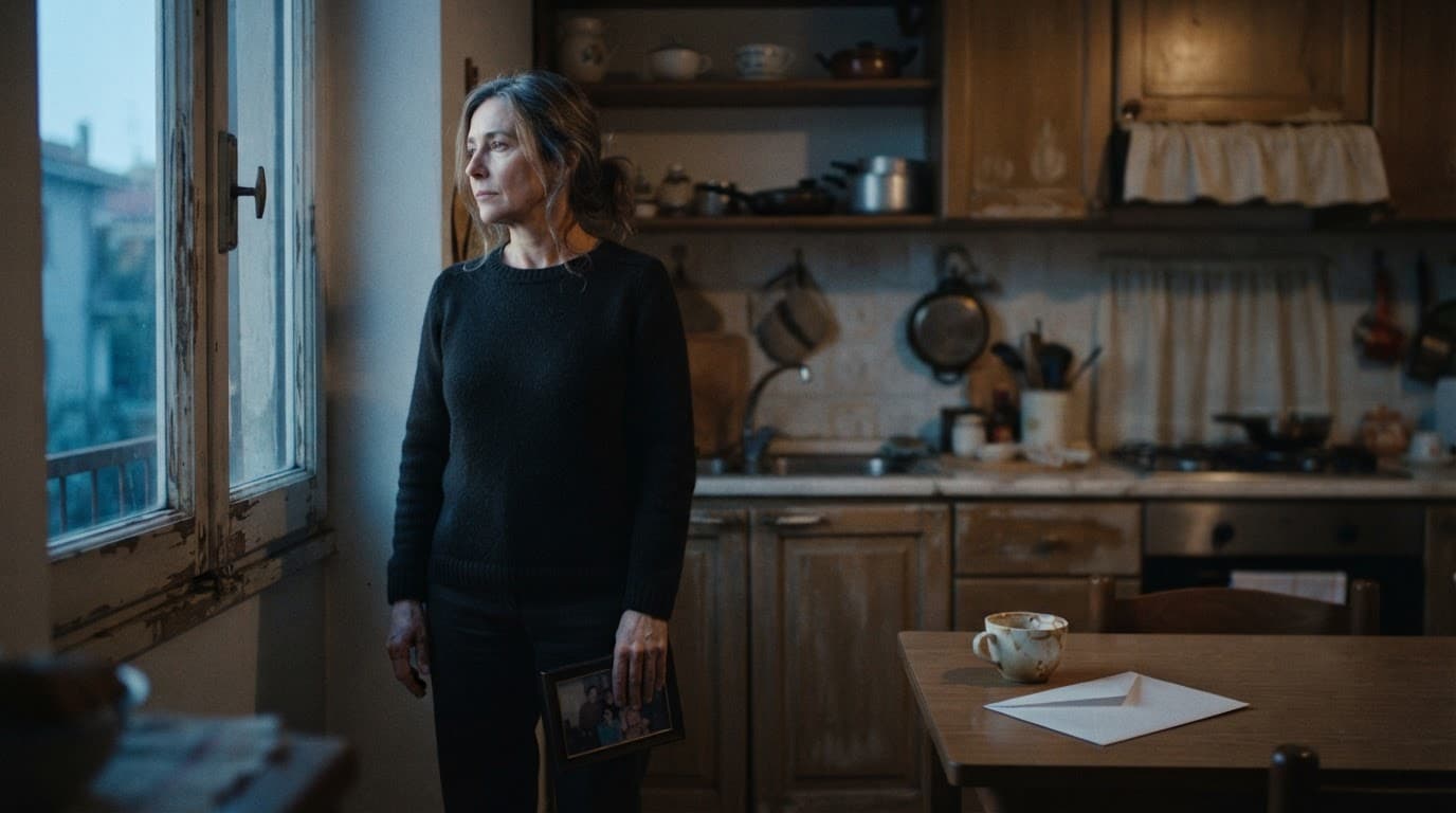 Una donna tiene una foto incorniciata accanto alla finestra della cucina.