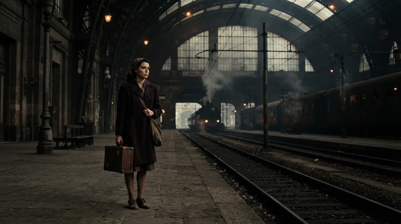 Una donna con valigia in una stazione ferroviaria durante la guerra.