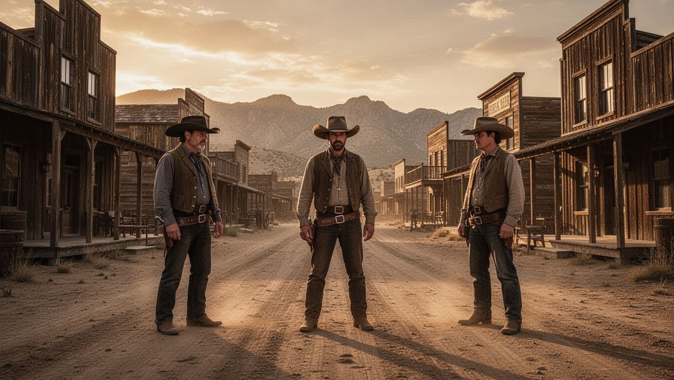 Tre cowboy separati in una strada polverosa di una città western al tramonto.