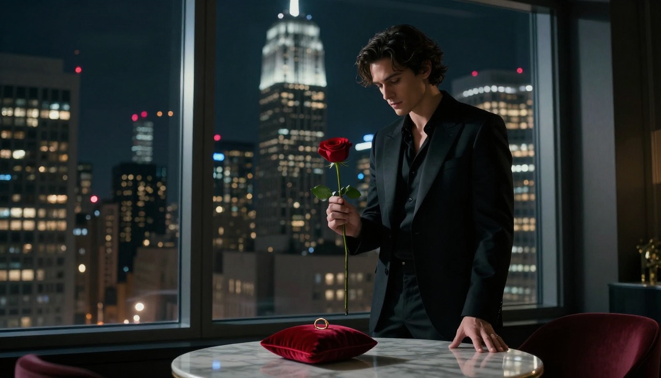 Un uomo con rosa rossa accanto a un anello, davanti allo skyline di Manhattan.
