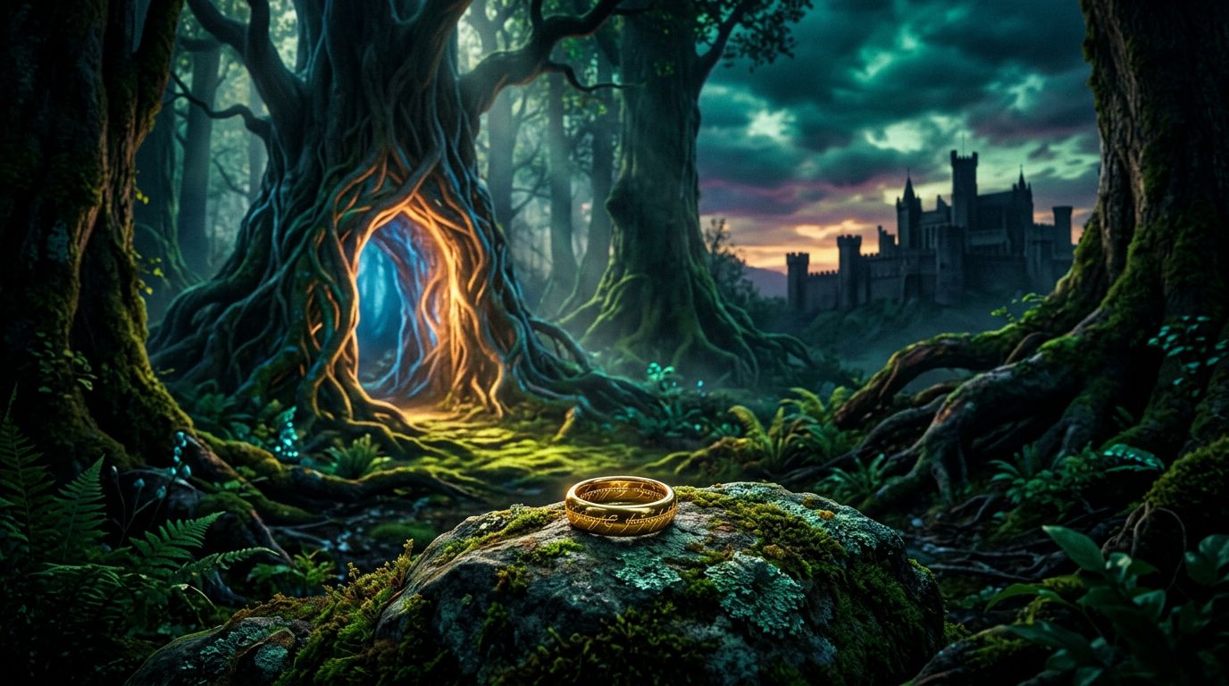 Un anello dorato su una pietra muschiosa, davanti a un portale luminoso e a un castello lontano.