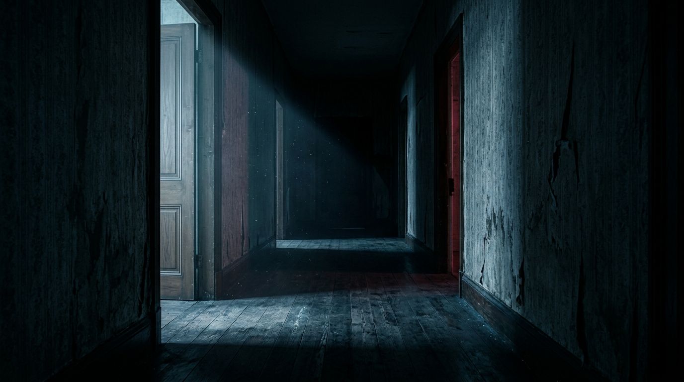 Un corridoio buio con carta da parati rovinata e una porta illuminata dalla luna.