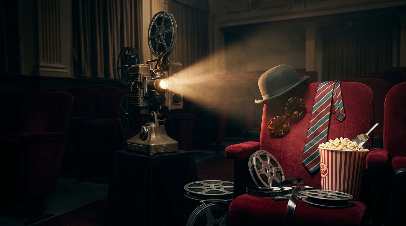 Un proiettore illumina una poltrona rossa e alcuni oggetti comici in un cinema buio.