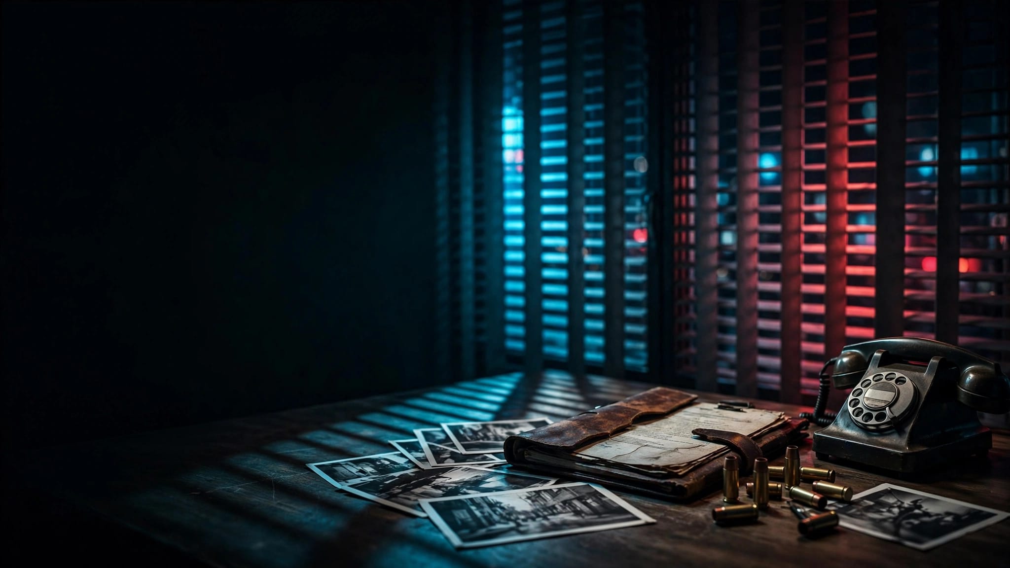 Scrivania investigativa con dossier, fotografie, proiettili e telefono vintage sotto luci al neon.