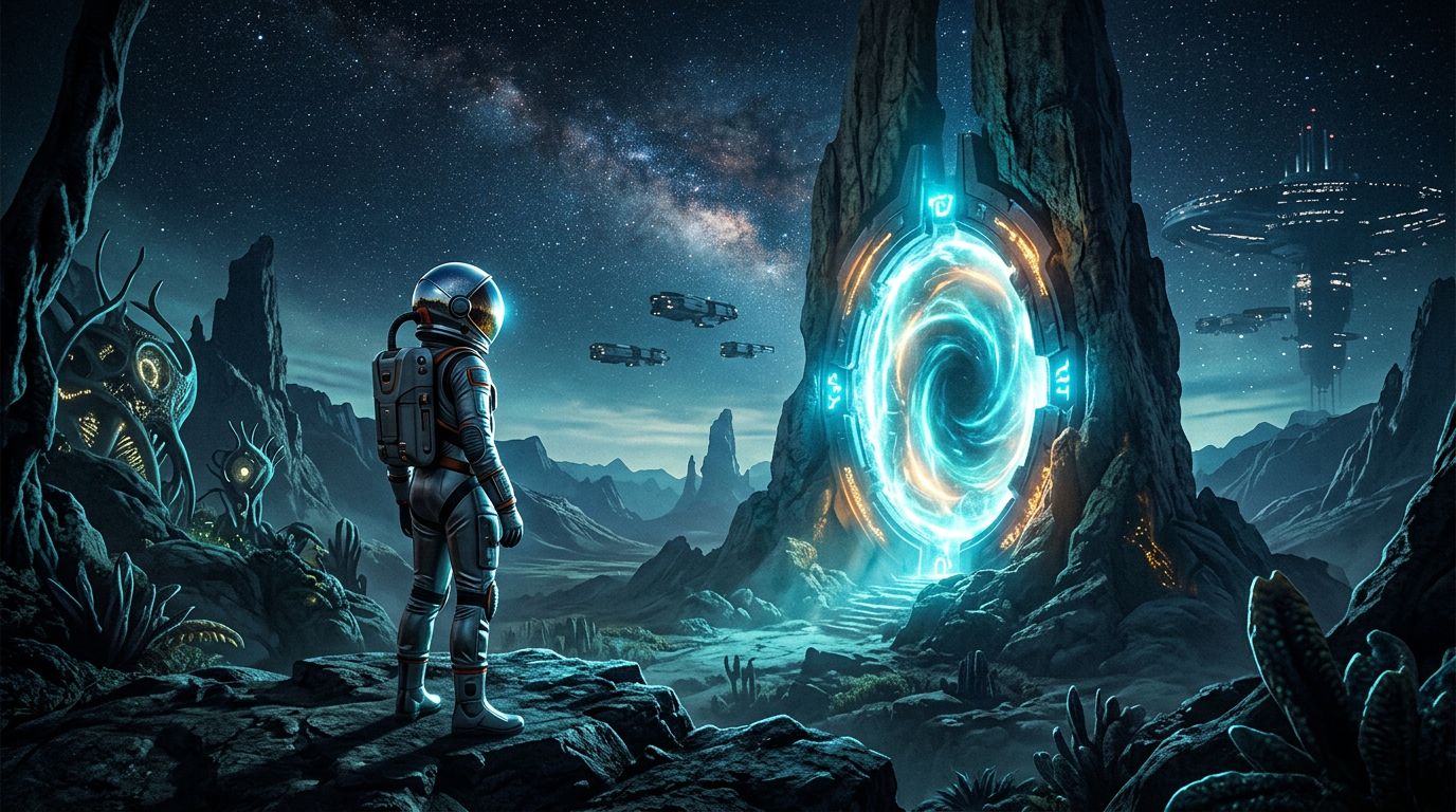 Astronauta davanti a un portale luminoso in un paesaggio alieno sotto un cielo stellato.