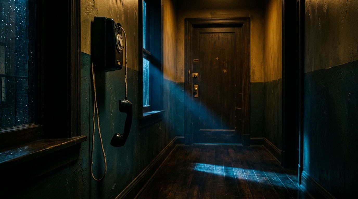 Corridoio buio con porta chiusa, telefono vintage e riflessi di pioggia sul pavimento.