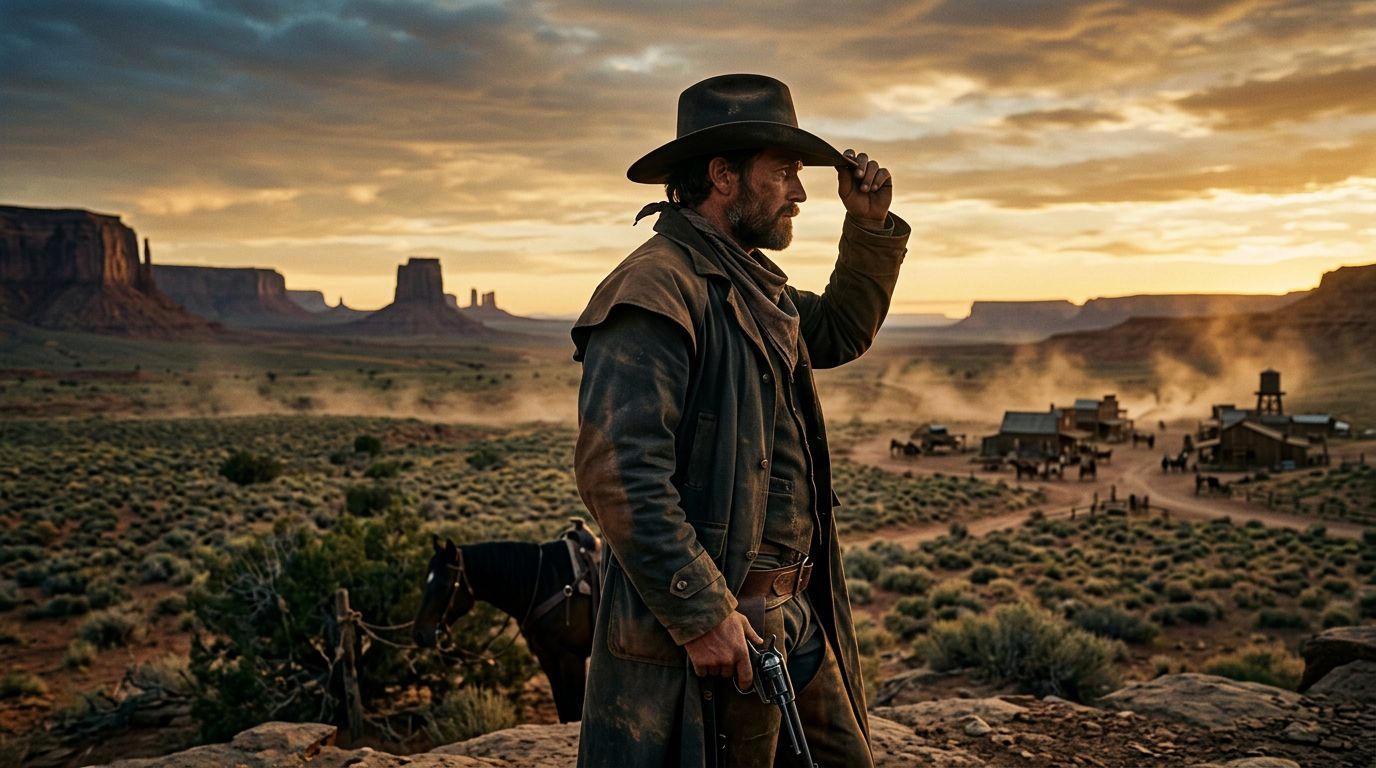 Un cowboy osserva il deserto vicino a una città di frontiera.