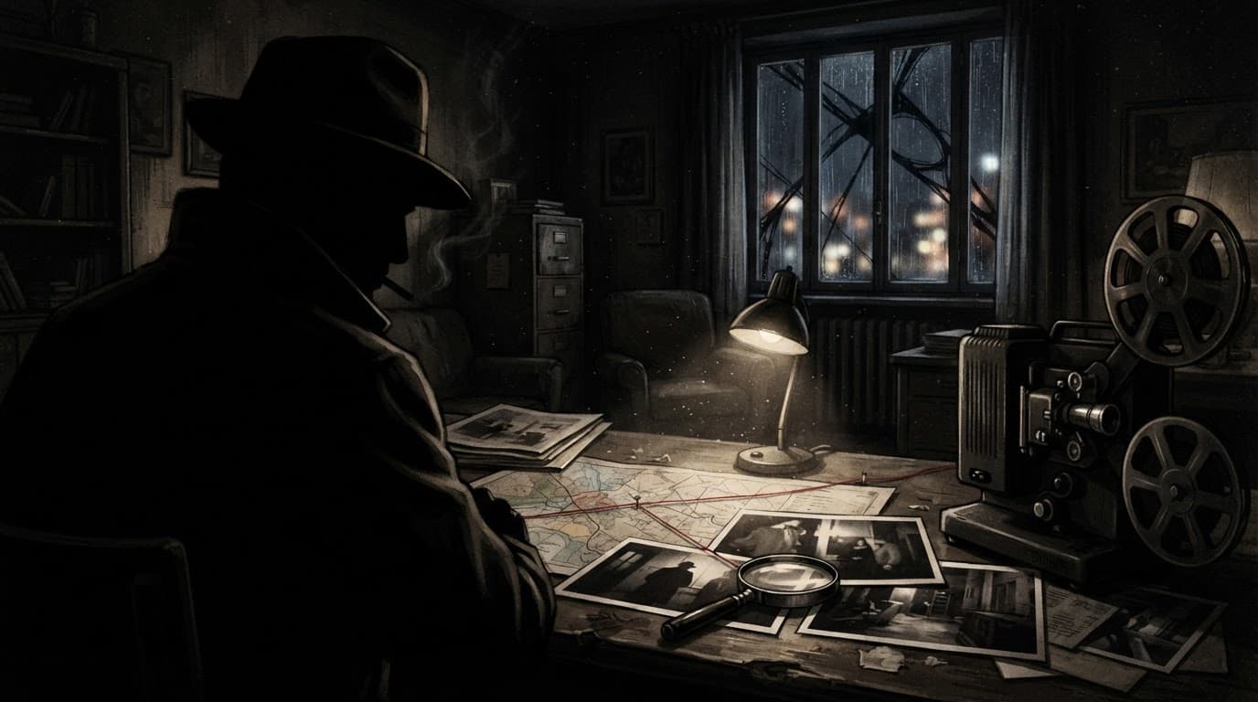 Silhouette di detective accanto a un proiettore, fotografie, lente d'ingrandimento e filo rosso.