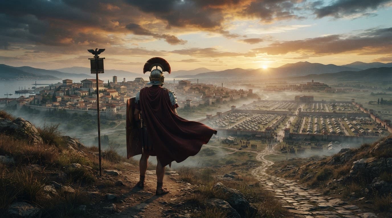 Un legionario romano osserva una città antica e un accampamento all'alba.