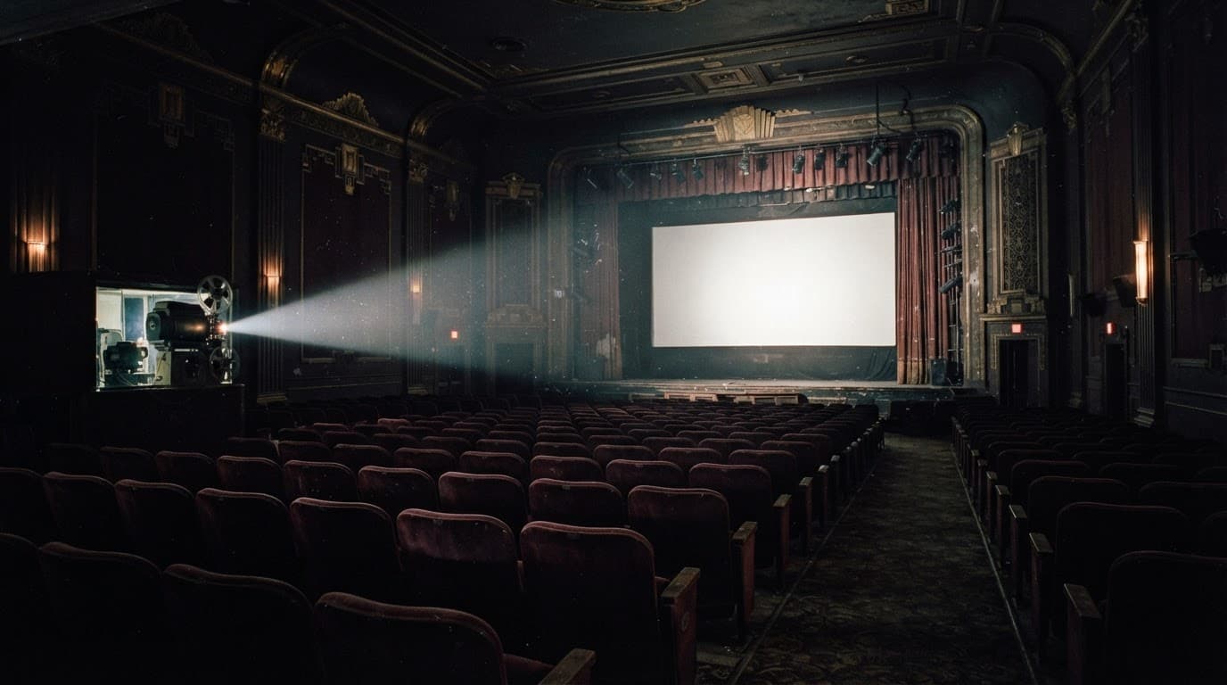Una sala cinematografica vuota con poltrone rosse e un fascio di luce sullo schermo.
