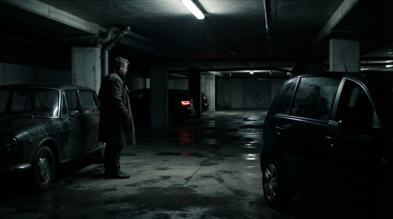 Due figure anonime in un garage buio, vicino a un'auto d'epoca e a un riflesso distante.
