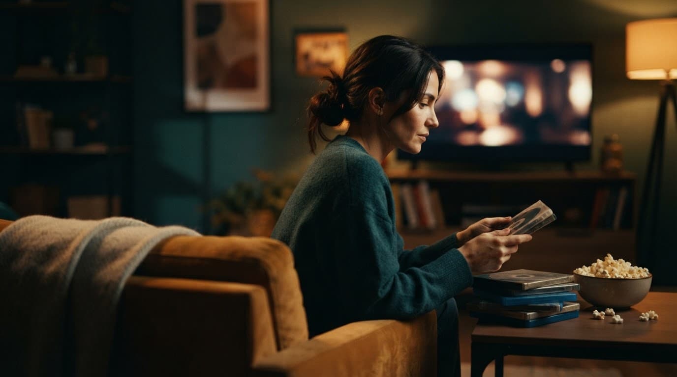 Una persona sceglie un film comico con popcorn e dischi vintage in salotto.