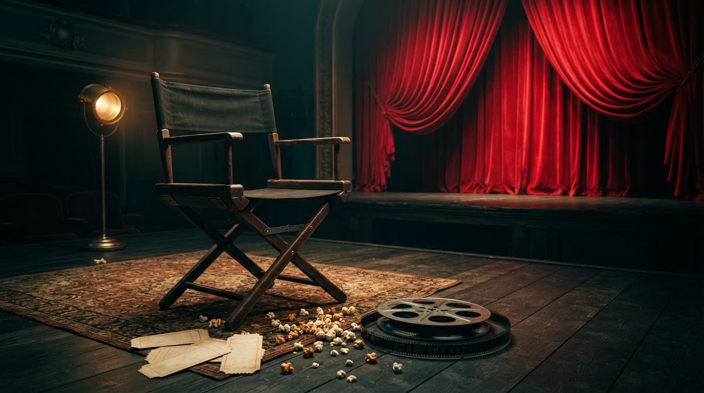 Sedia da regista, bobina, biglietti senza scritte e popcorn su un palco con tenda rossa.