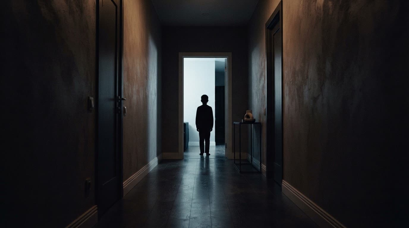 Sagoma solitaria in un corridoio buio davanti a una porta illuminata.