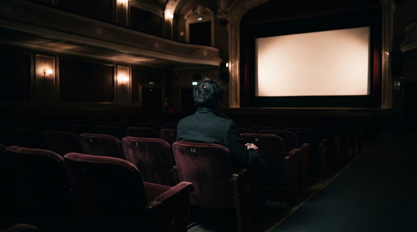Uno spettatore solo guarda uno schermo luminoso in un cinema quasi vuoto.