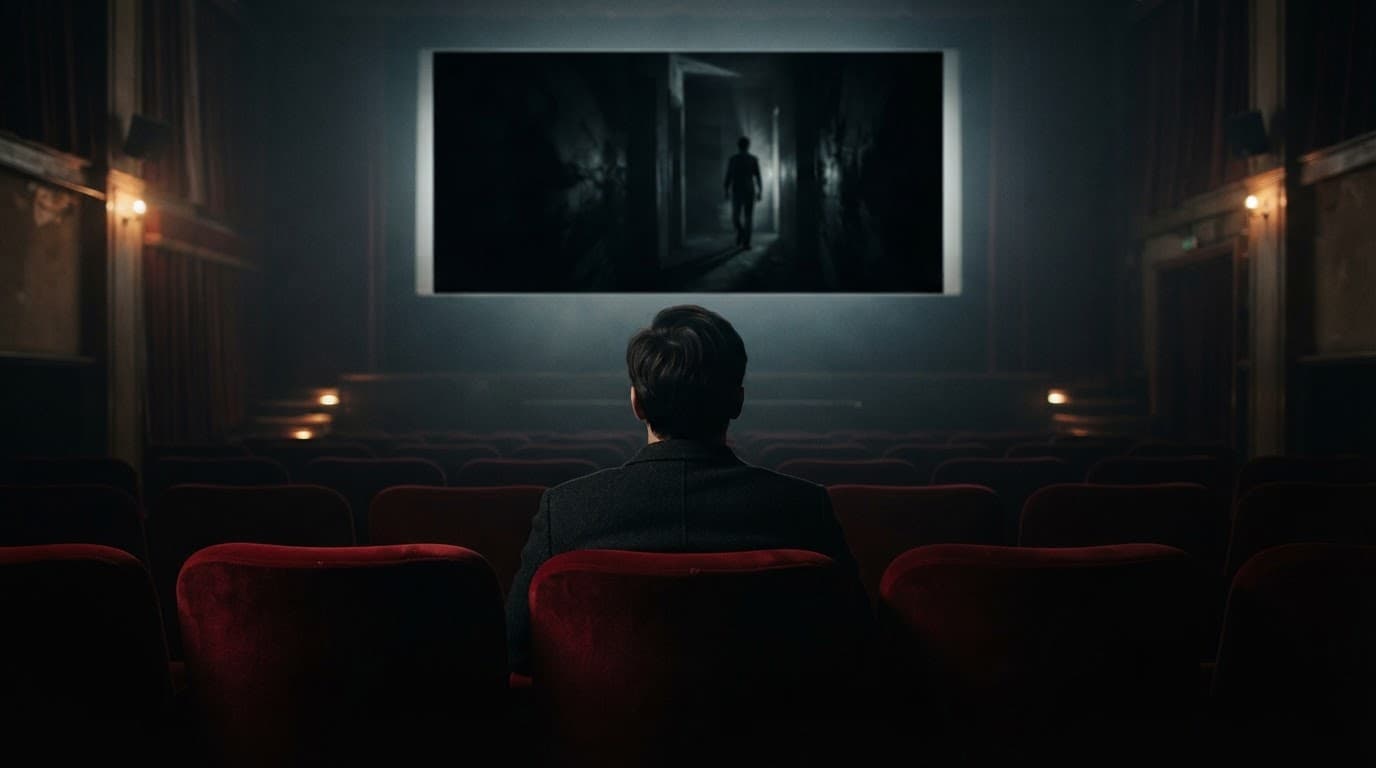 Uno spettatore solitario guarda uno schermo illuminato in una sala cinematografica buia.