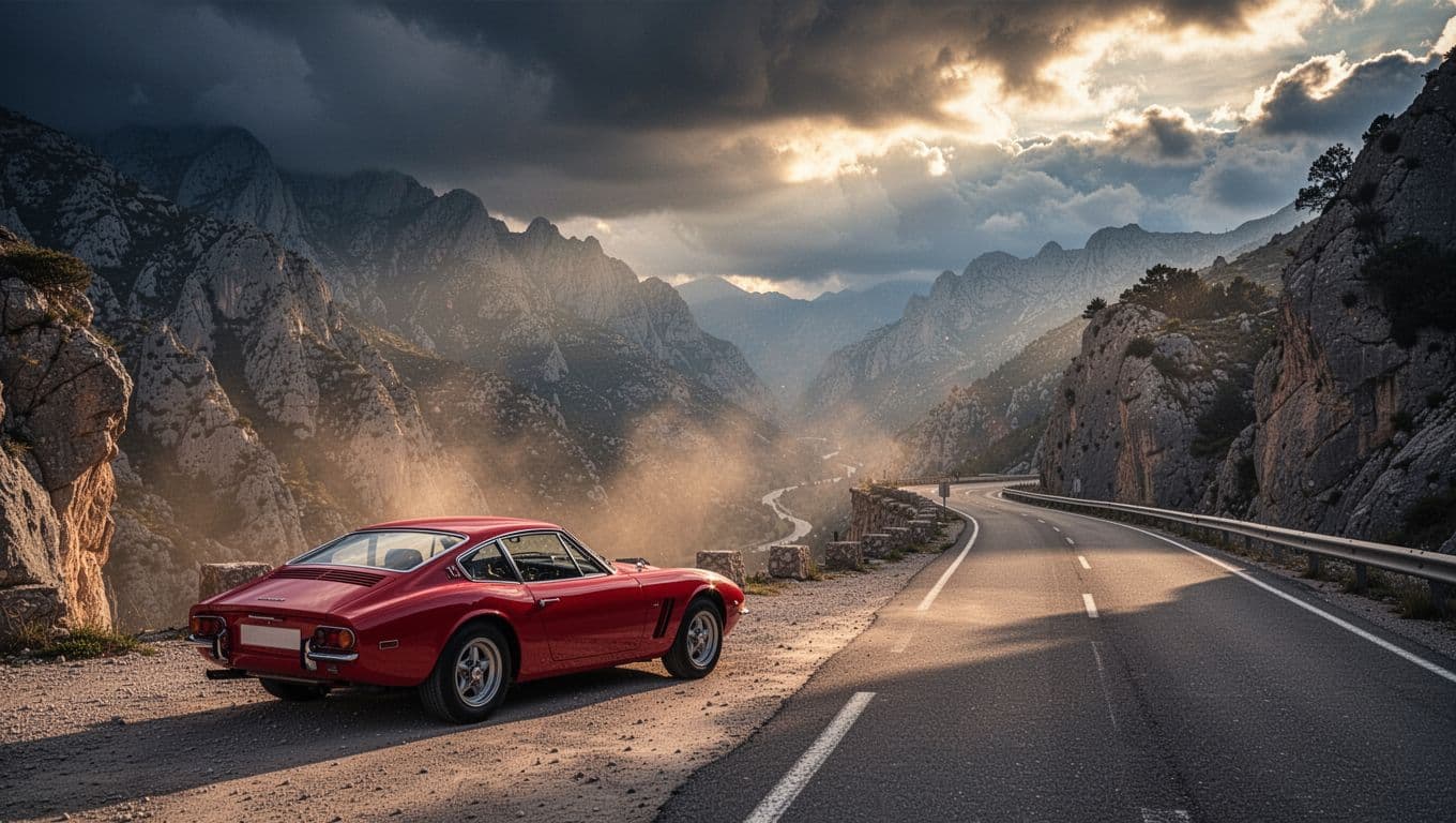 Un'auto sportiva rossa ferma su una strada di montagna sotto nuvole scure.