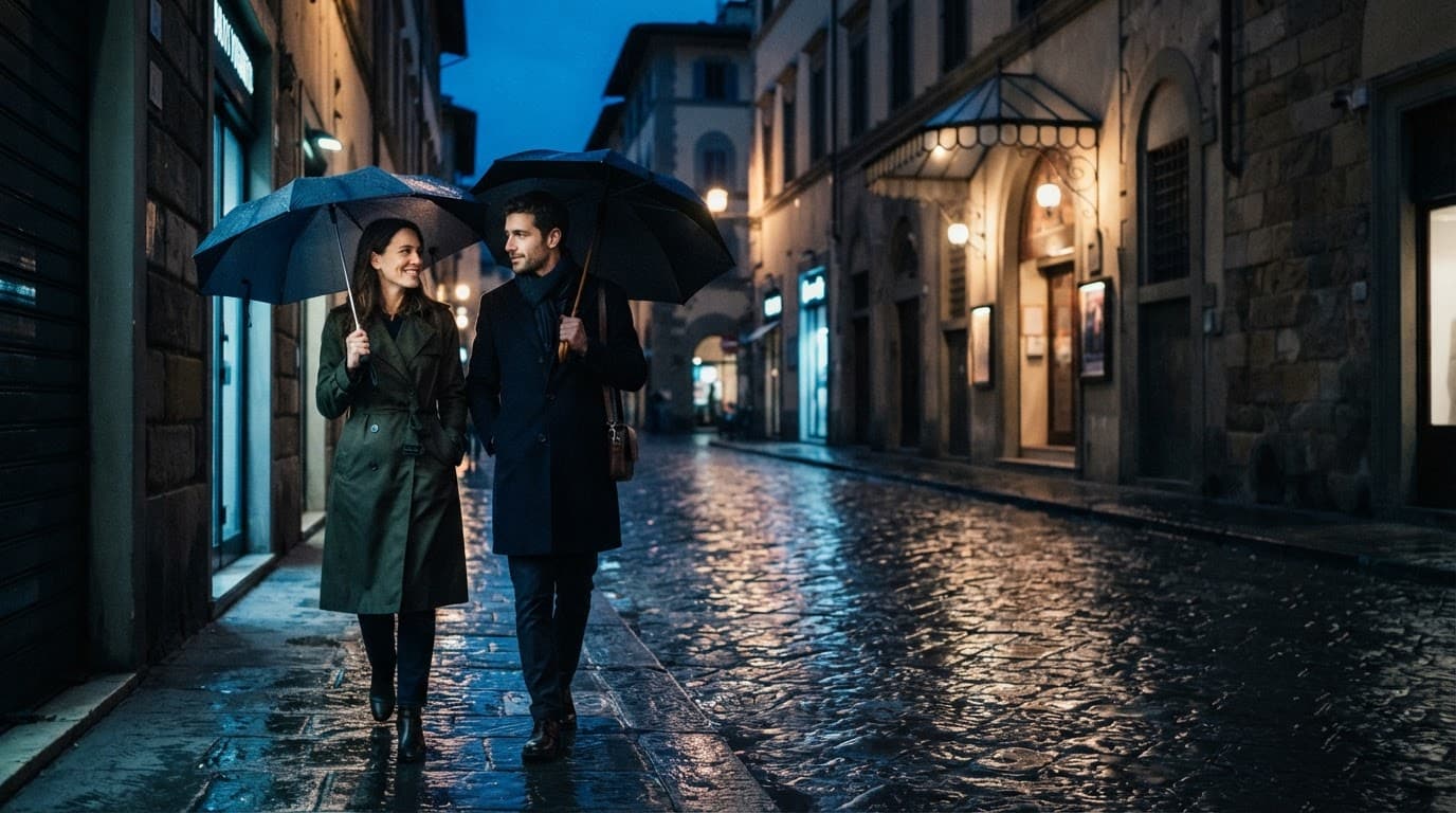 Una coppia cammina sotto gli ombrelli su una strada italiana bagnata.
