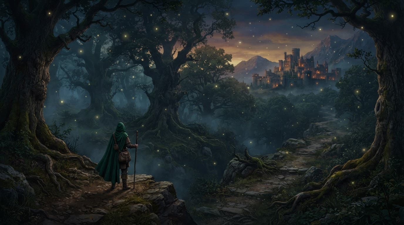 Un viandante in mantello verde osserva un castello oltre una foresta nebbiosa.