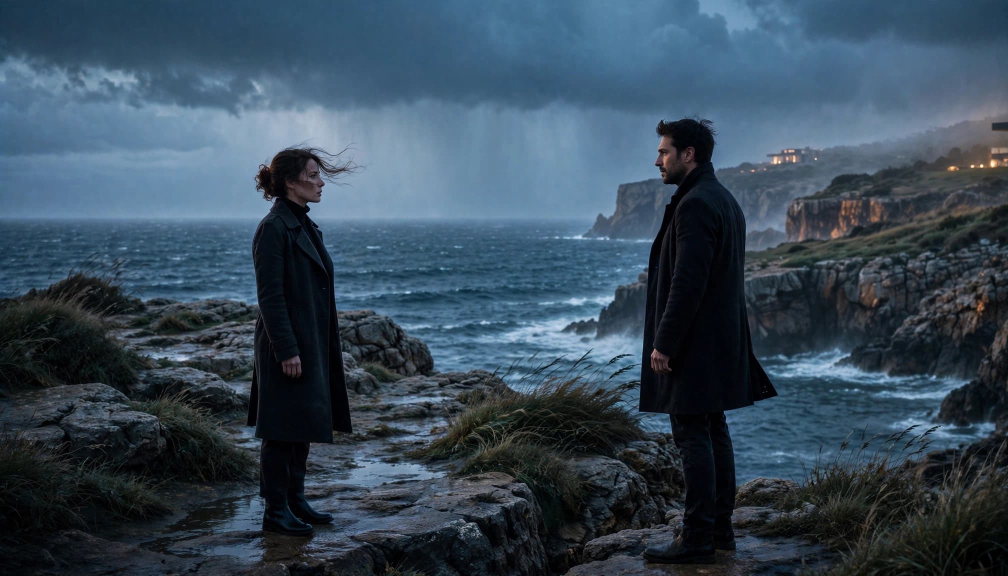 Una donna e un uomo si affrontano sulle scogliere davanti al mare tempestoso.