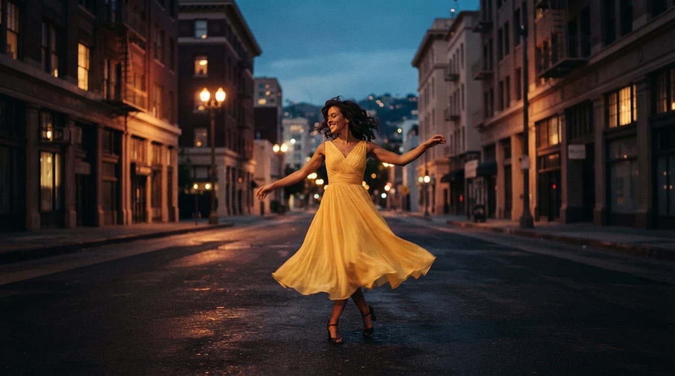 Una donna in abito giallo danza sola in una strada urbana al crepuscolo.