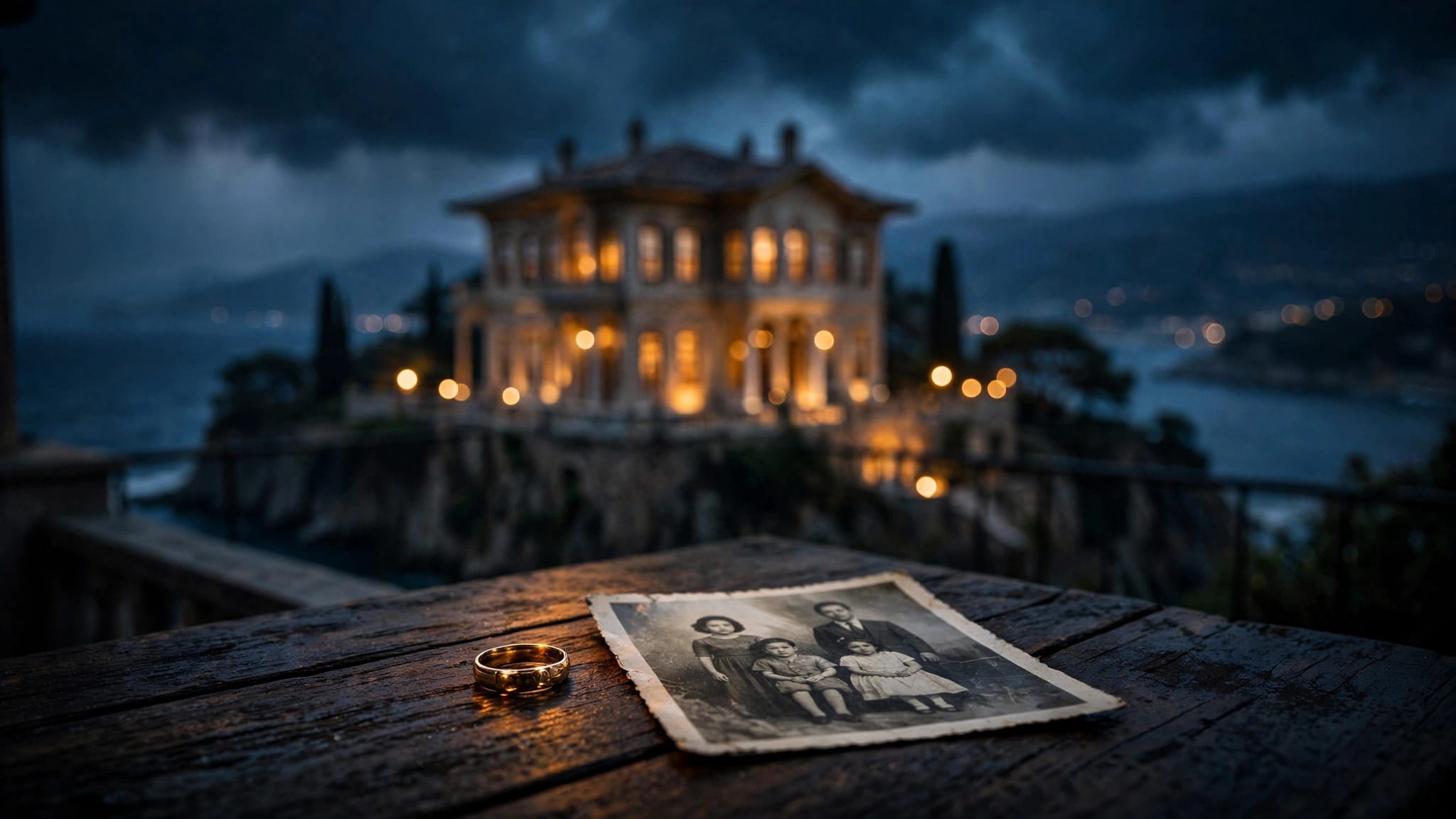 Una villa sul mare con anello e foto di famiglia in primo piano.