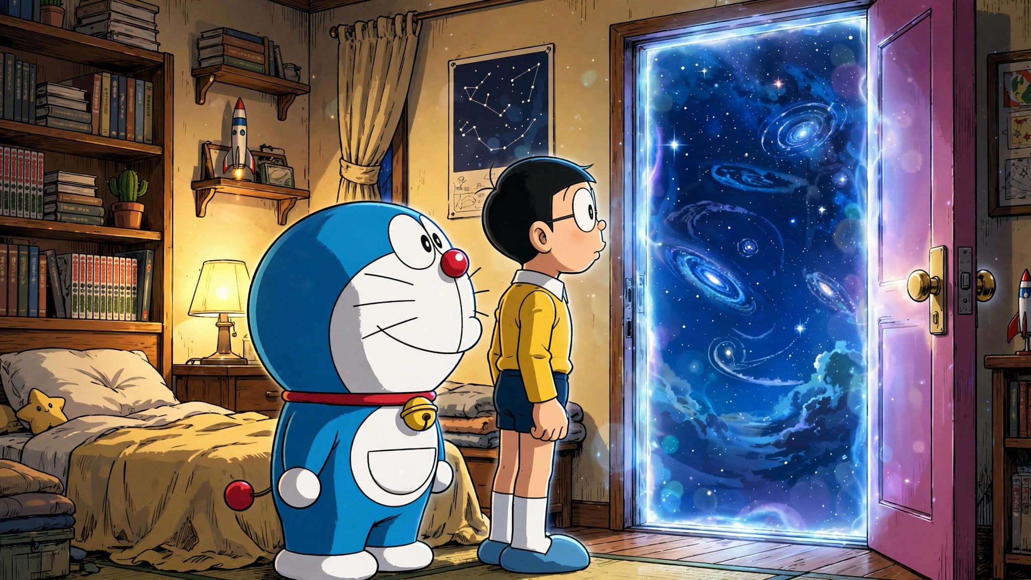 Doraemon e Nobita osservano una porta luminosa verso un futuro stellato.
