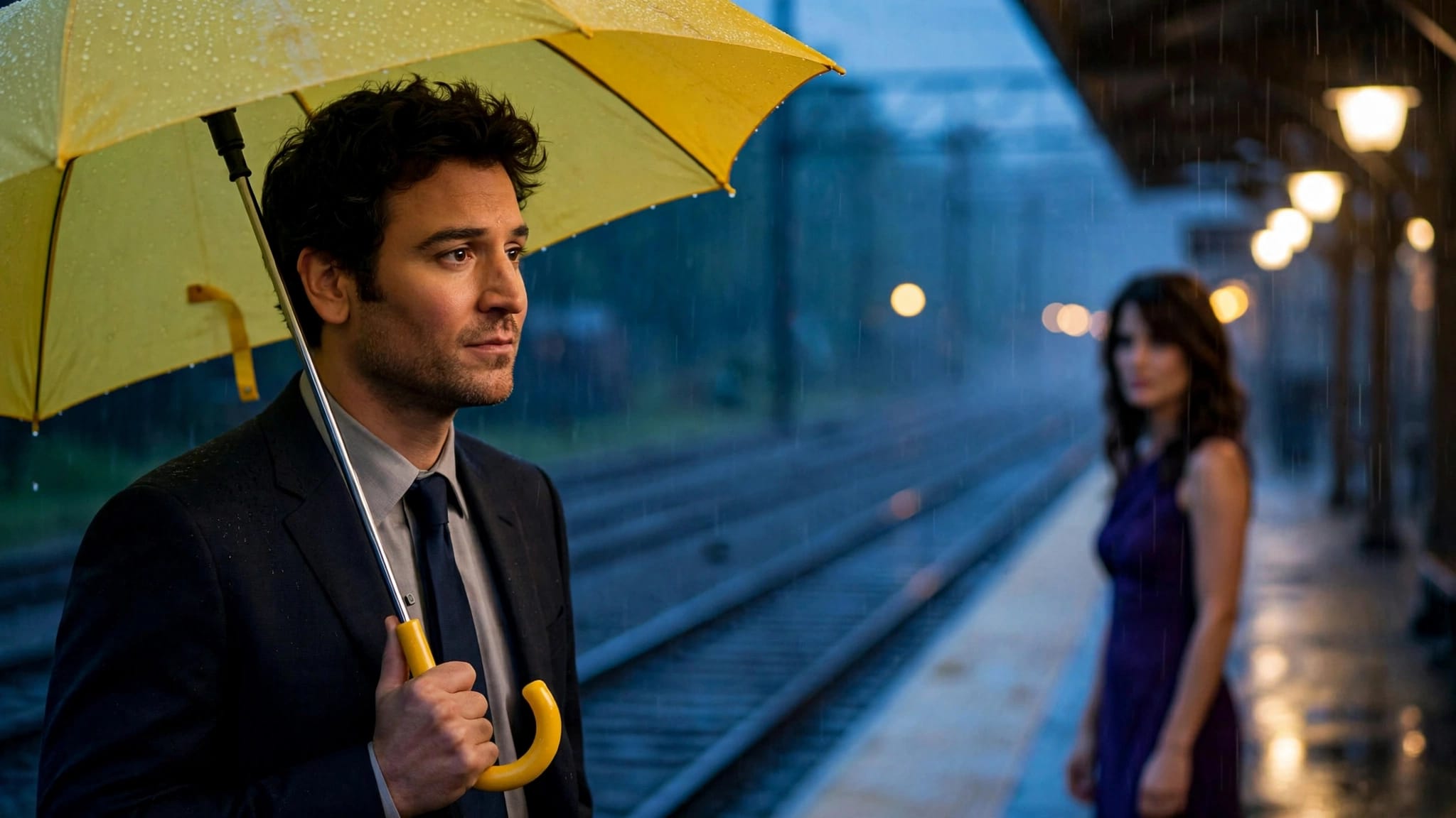 Ted osserva Robin sotto la pioggia alla stazione, stringendo un ombrello giallo.