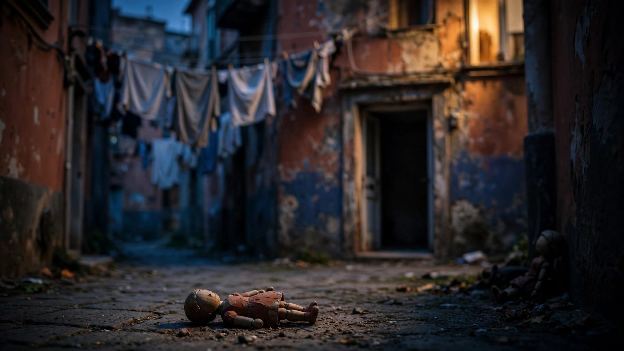 Due bambole sul selciato davanti a un ingresso vuoto di un quartiere napoletano.