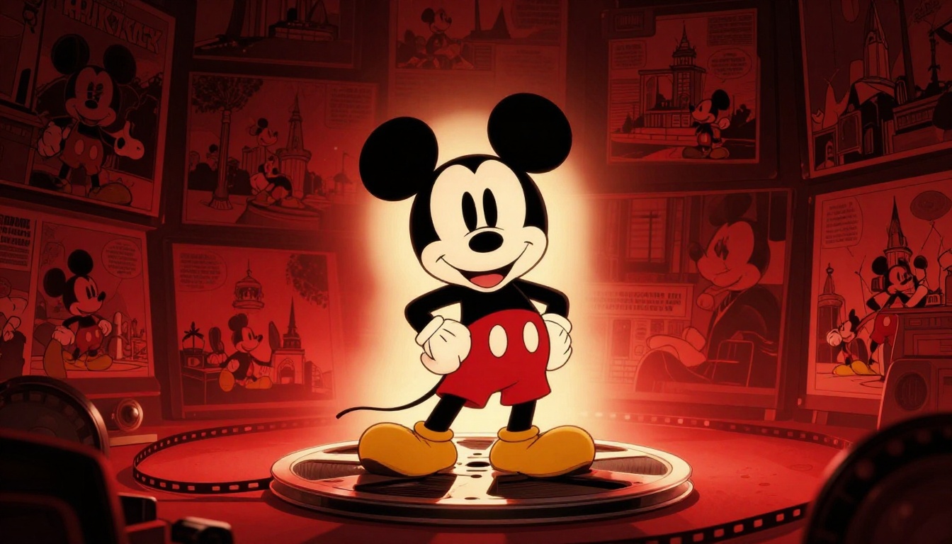 La sagoma di Topolino al centro di una pellicola vintage tra cartoni e schermi.