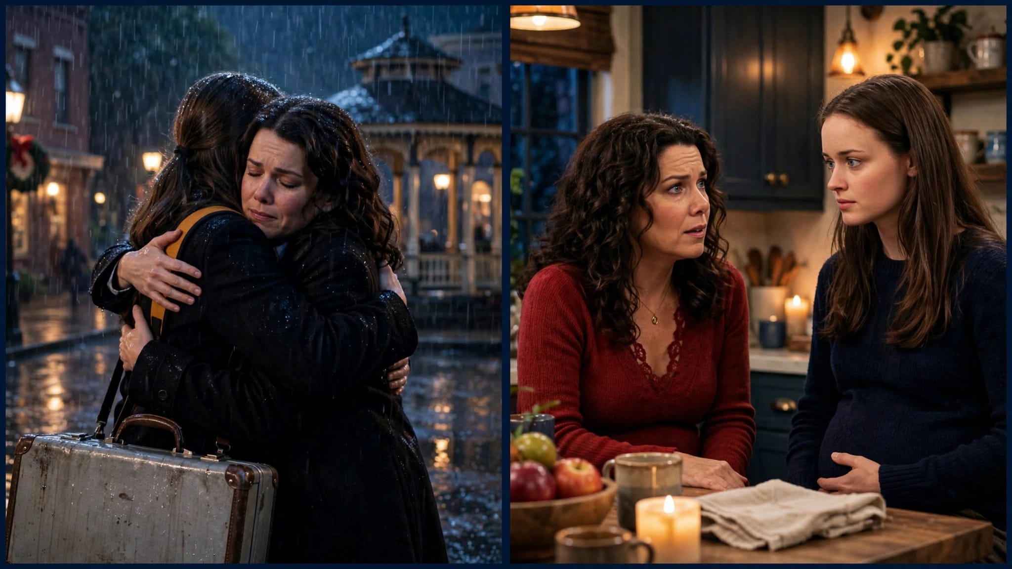 Rory abbraccia Lorelai sotto la pioggia e le rivela la gravidanza in cucina.