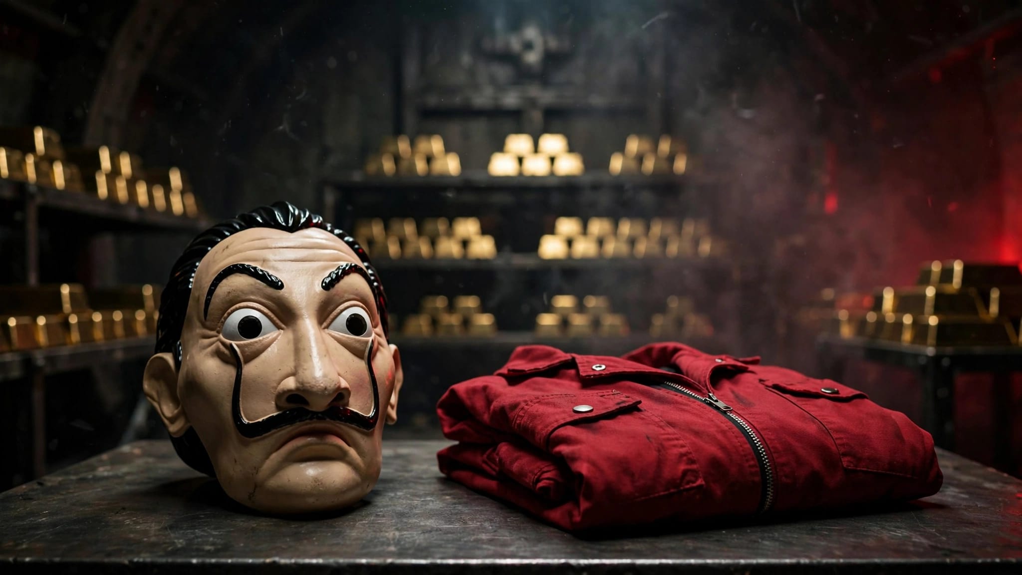 Maschera di Dalí e tuta rossa su un tavolo, con lingotti sullo sfondo.