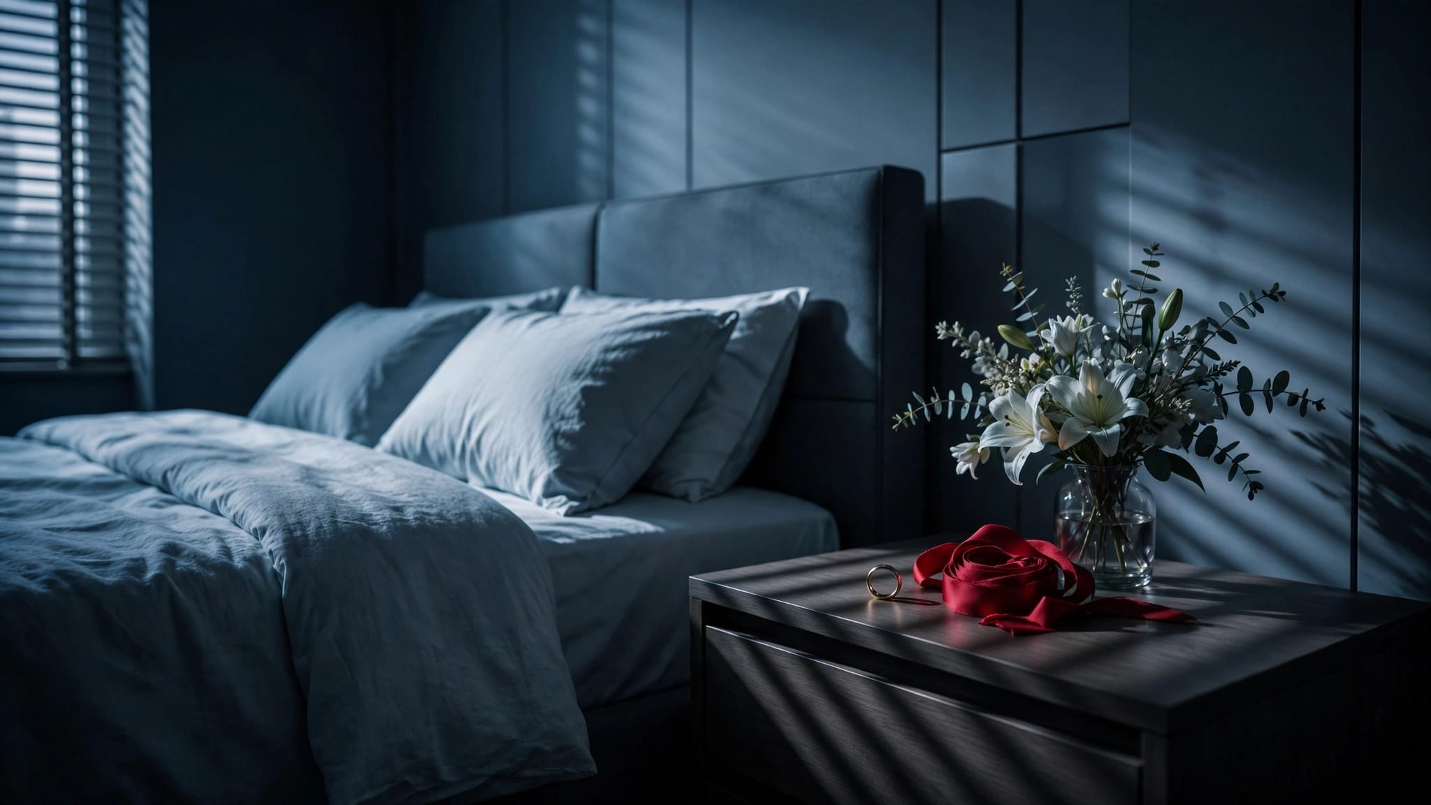 Camera da letto ordinata con fiori, fede nuziale e nastro rosso.