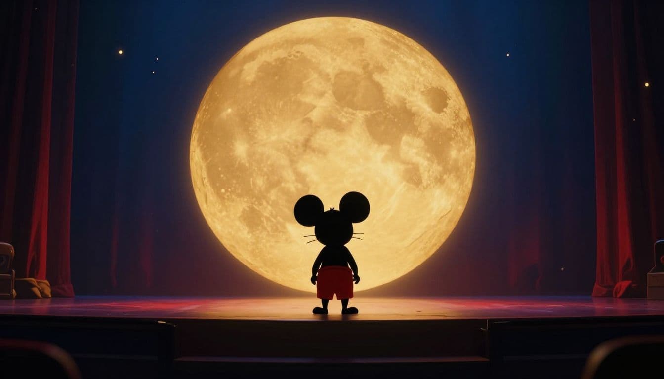 Sagoma di Topolino con pantaloncini rossi davanti a un fondale circolare luminoso.