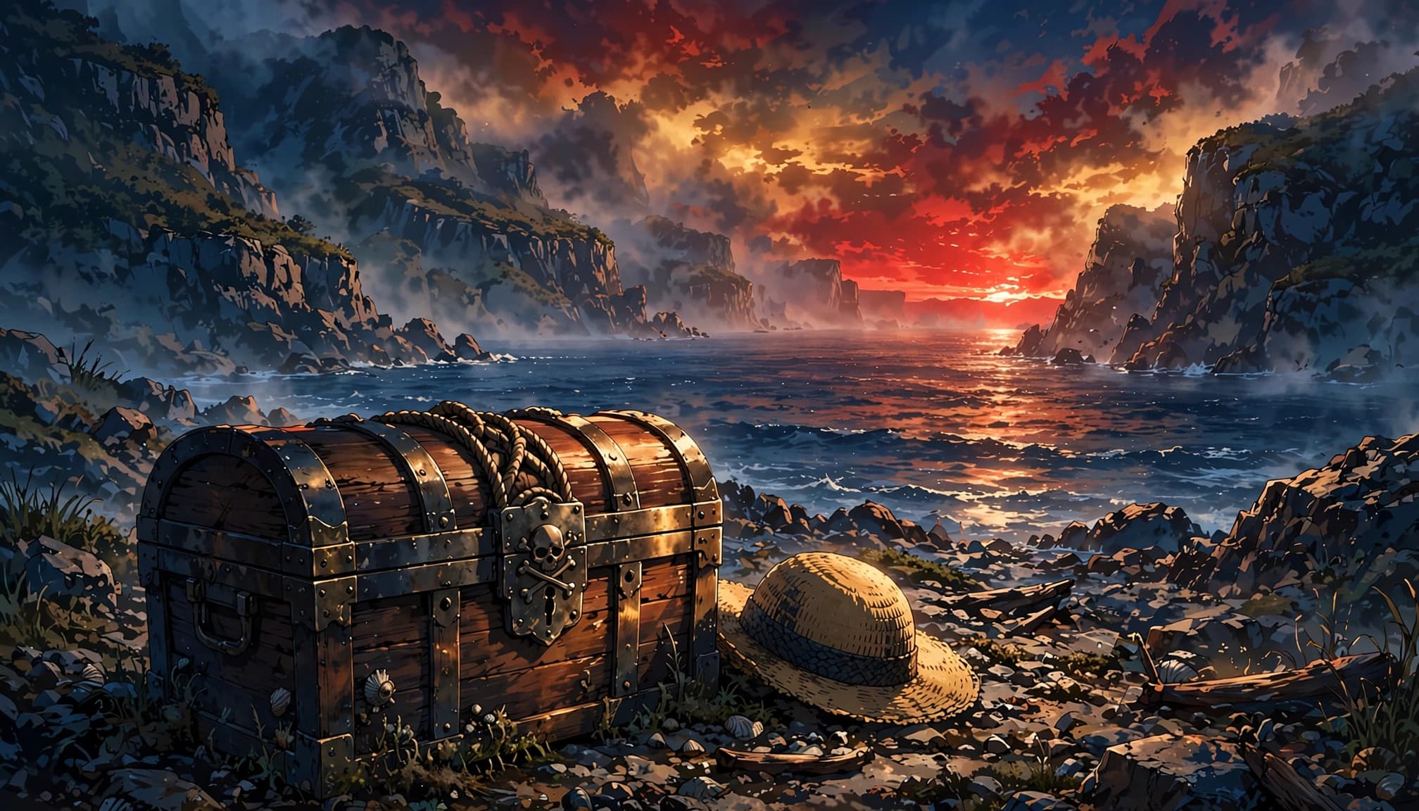 Un forziere e un cappello di paglia su una spiaggia rocciosa al tramonto.