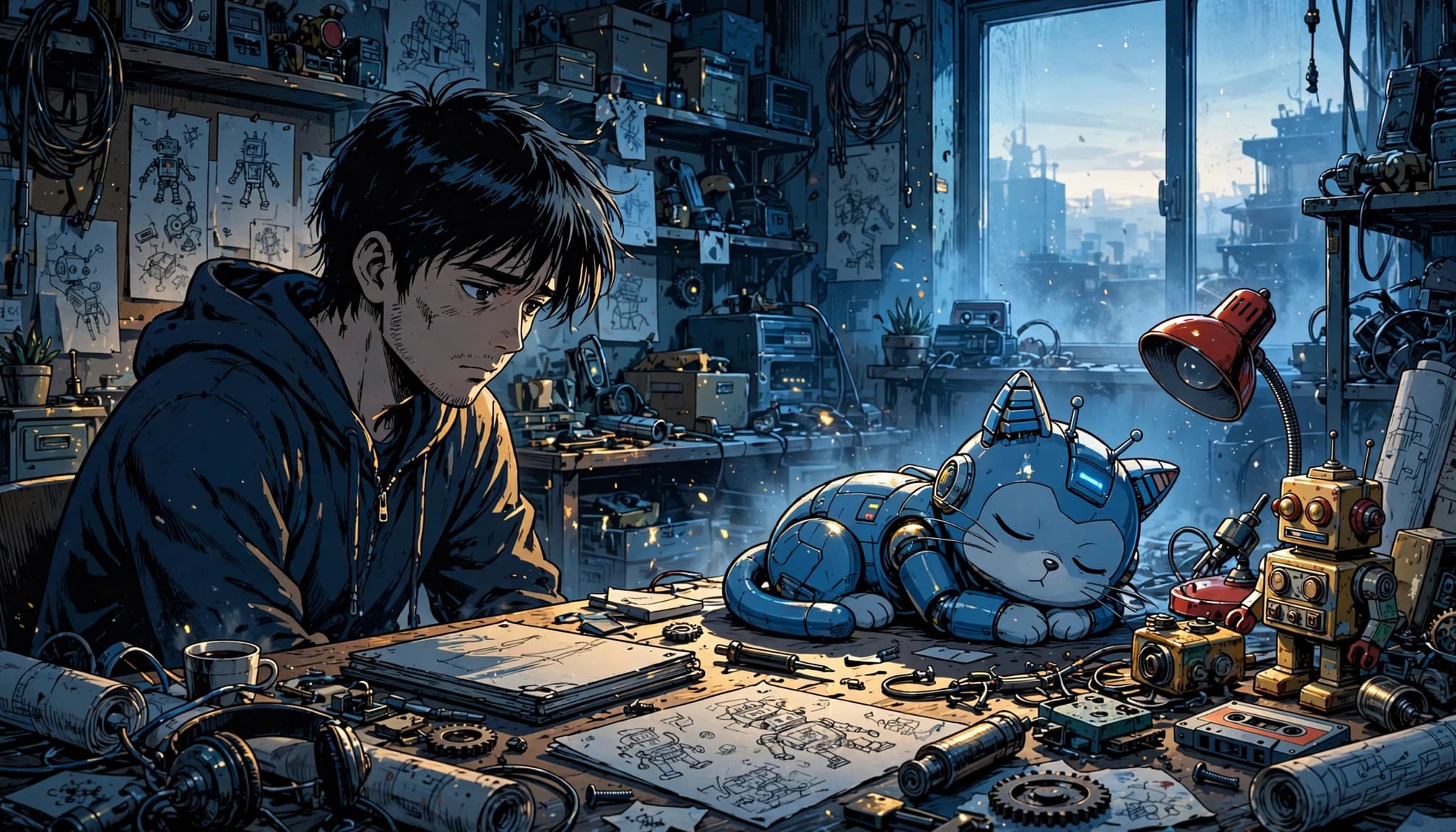 Un ragazzo malinconico siede alla scrivania accanto a un gatto robot blu addormentato.