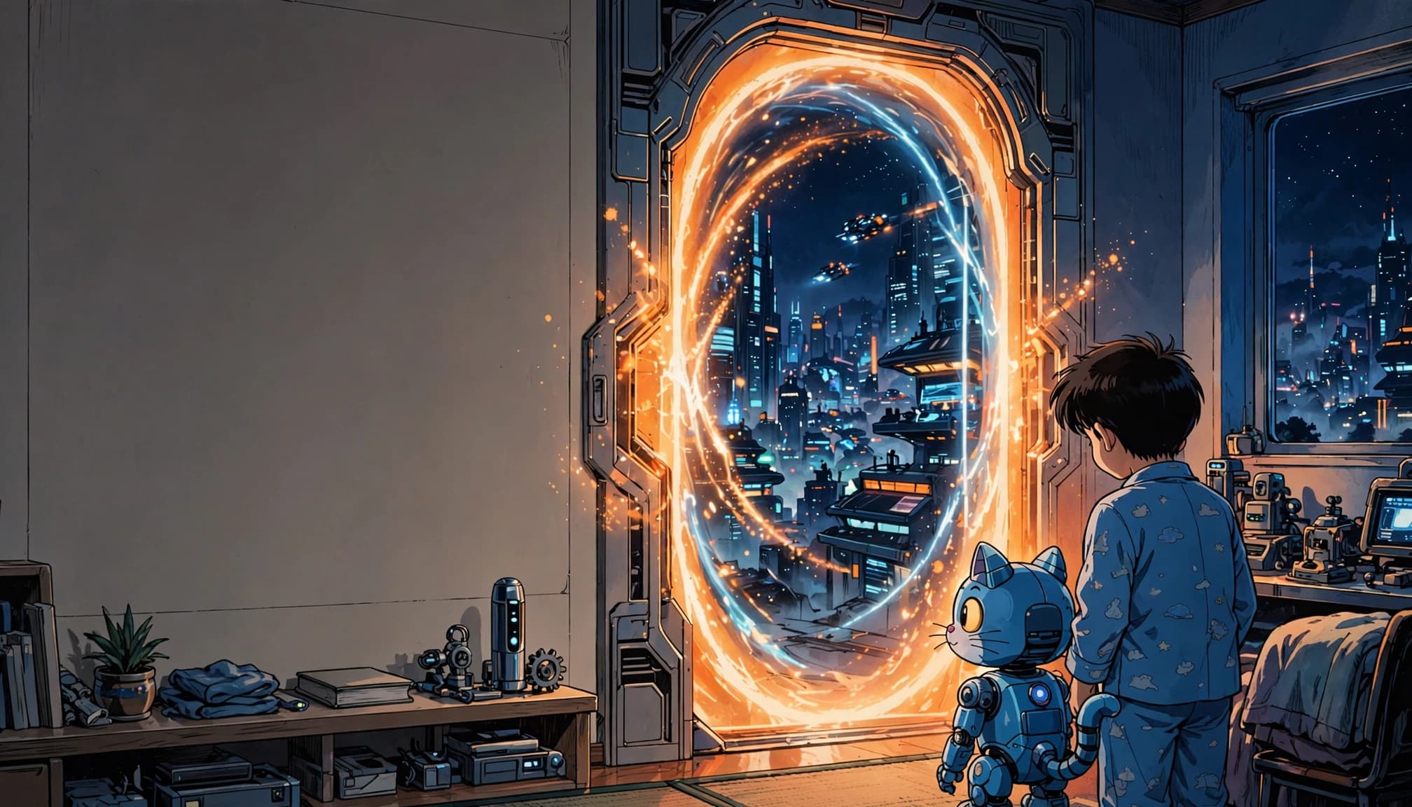 Un ragazzo in pigiama e un gatto robot guardano una porta luminosa verso il futuro.