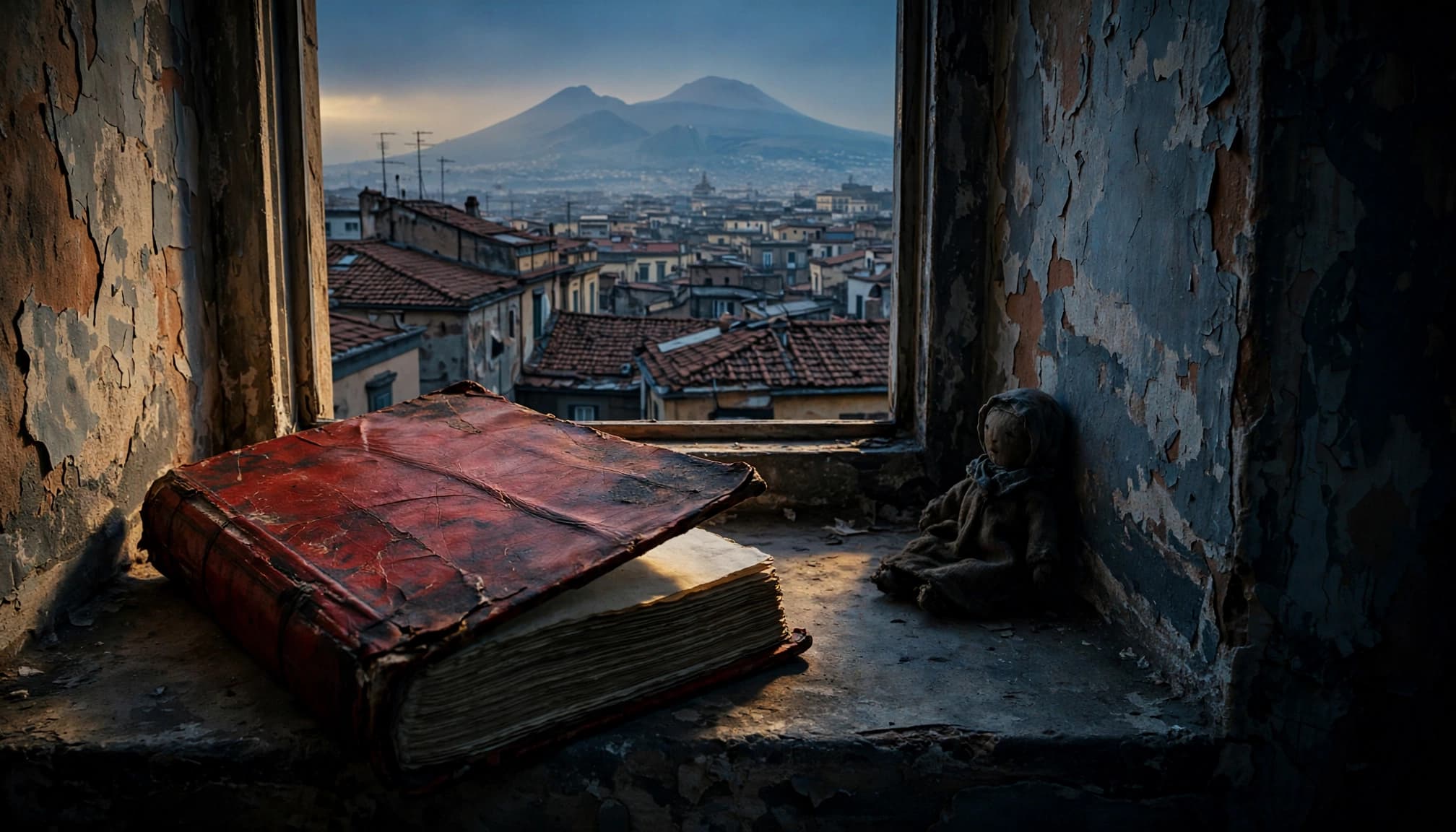 Manoscritto rosso e bambola di stoffa su un davanzale, con i tetti di Napoli sullo sfondo.