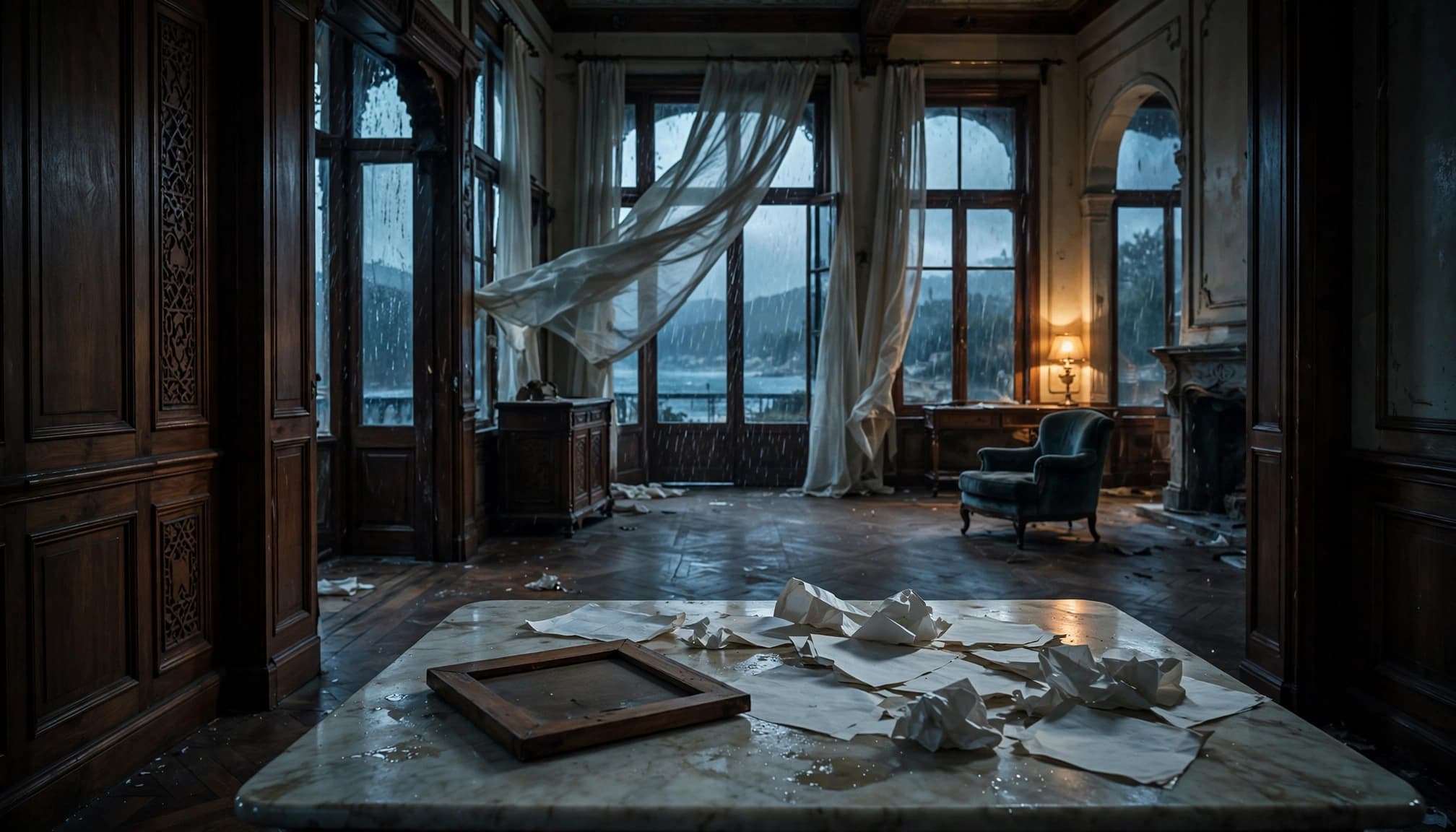 Tavolo di marmo con foto capovolta e pioggia oltre le finestre.